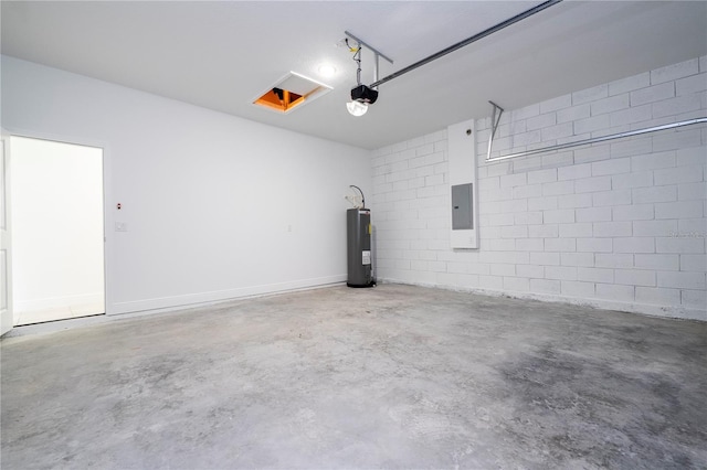 garage with electric panel, electric water heater, a garage door opener, and concrete block wall