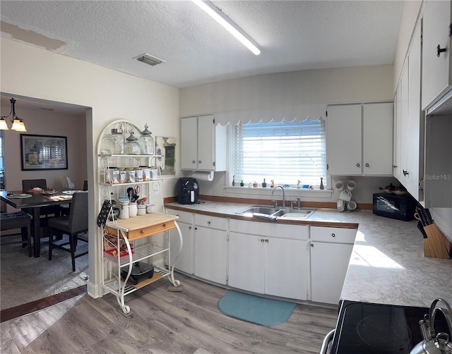 kitchen with visible vents, white cabinets, light countertops, light wood-type flooring, and a sink