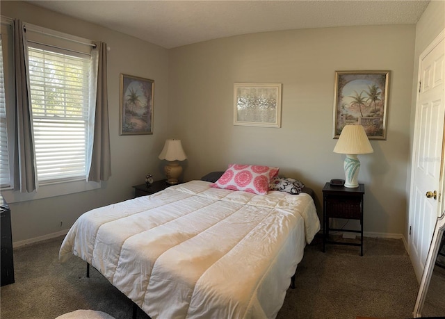 bedroom with baseboards and dark colored carpet