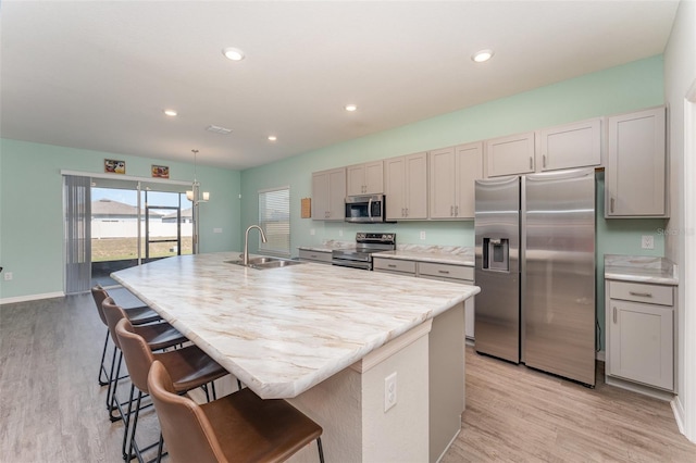 kitchen featuring stainless steel appliances, a sink, an island with sink, light countertops, and light wood-type flooring