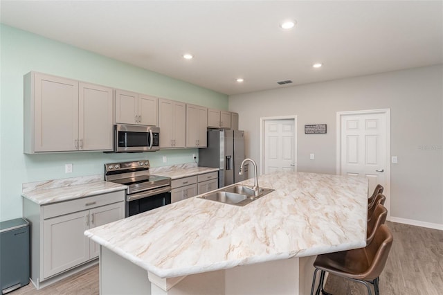 kitchen with appliances with stainless steel finishes, a sink, light wood finished floors, a kitchen bar, and recessed lighting