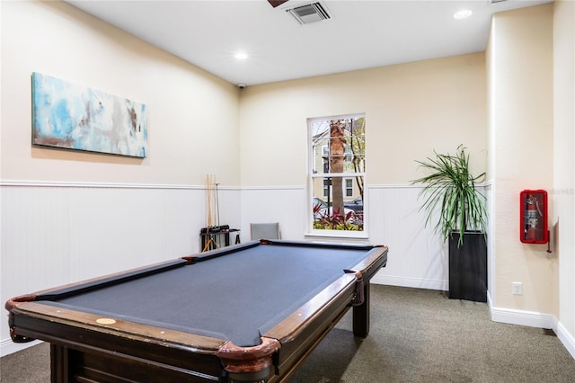 recreation room featuring visible vents, wainscoting, pool table, dark colored carpet, and recessed lighting