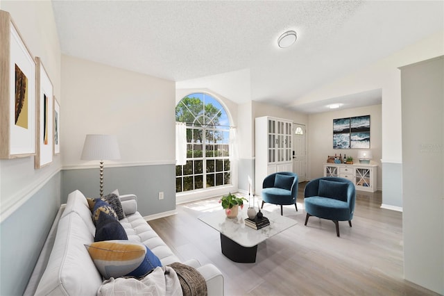 living room featuring vaulted ceiling, a textured ceiling, wood finished floors, and baseboards