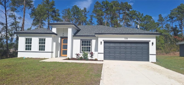 single story home featuring a front yard, concrete driveway, a garage, and stucco siding