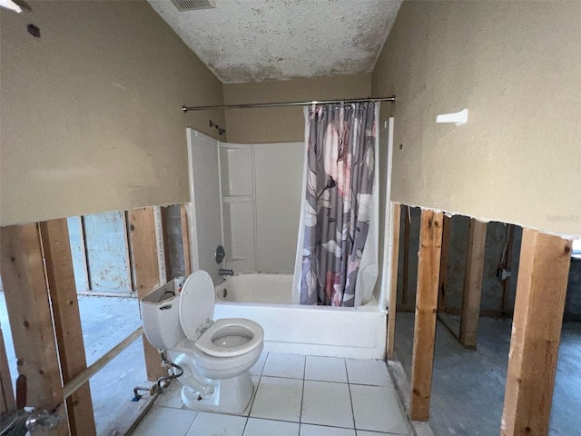 full bath with visible vents, tile patterned flooring, toilet, and shower / bathtub combination with curtain