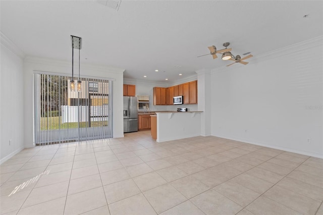 unfurnished living room featuring visible vents, baseboards, ceiling fan, ornamental molding, and light tile patterned flooring