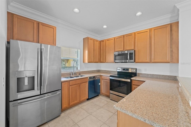 kitchen featuring light tile patterned floors, a sink, ornamental molding, appliances with stainless steel finishes, and light stone countertops