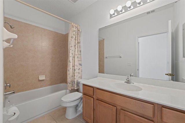 bathroom featuring visible vents, toilet, shower / tub combo, vanity, and tile patterned flooring