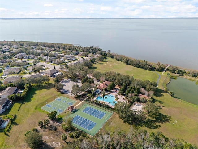 drone / aerial view featuring a water view