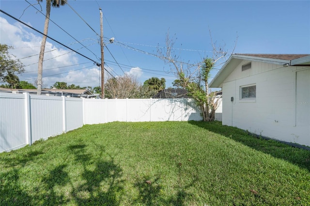 view of yard with a fenced backyard