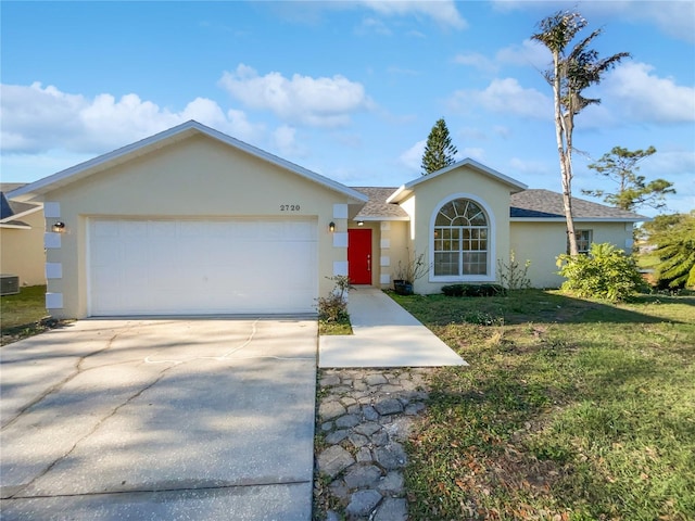 ranch-style house featuring a garage, concrete driveway, cooling unit, a front lawn, and stucco siding