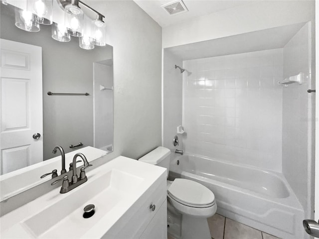 full bath with tile patterned flooring, toilet, bathtub / shower combination, vanity, and visible vents