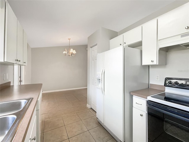 kitchen with white refrigerator with ice dispenser, decorative light fixtures, electric range oven, white cabinetry, and under cabinet range hood