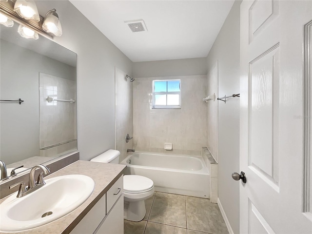 full bath with visible vents, toilet, shower / tub combination, tile patterned floors, and vanity