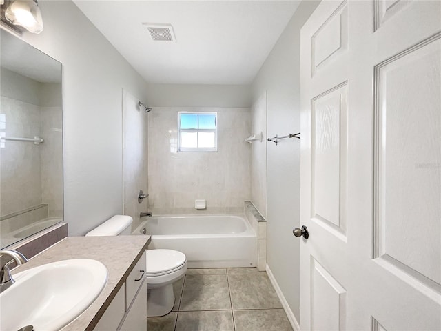 full bath with shower / washtub combination, visible vents, toilet, vanity, and tile patterned flooring