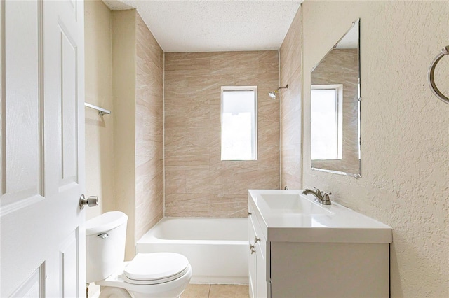 full bath with a textured ceiling, a textured wall, bathtub / shower combination, toilet, and vanity