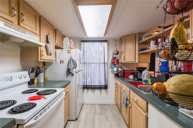 kitchen featuring light wood-type flooring, dark countertops, electric stove, and under cabinet range hood