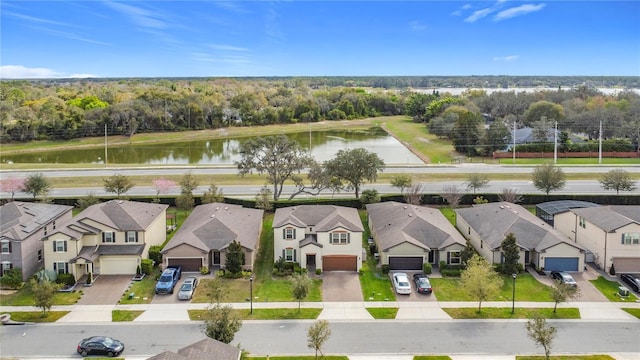 birds eye view of property with a water view and a residential view