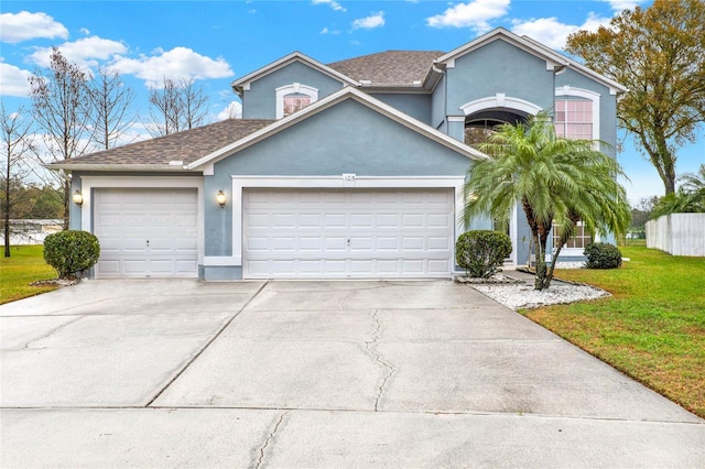 view of front of property featuring a garage, driveway, a front lawn, and stucco siding