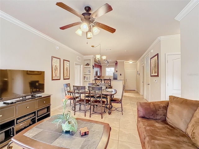 dining space with light tile patterned floors, ornamental molding, and ceiling fan with notable chandelier