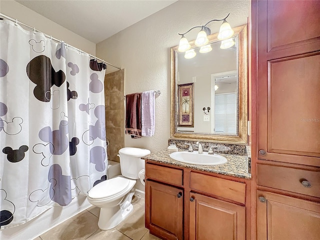 full bath with a textured wall, toilet, shower / tub combo with curtain, tile patterned flooring, and vanity