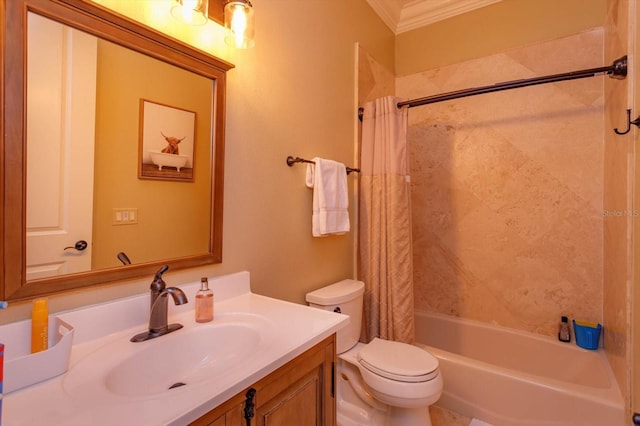 5719 Emerson Pointe Way, Orlando, FL 32819 - bathroom with toilet, shower / bathtub combination with curtain, crown molding, and vanity