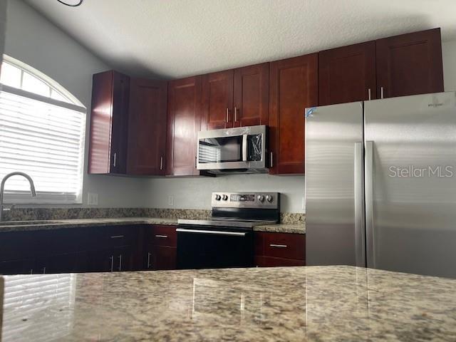 kitchen featuring plenty of natural light, light stone countertops, stainless steel appliances, dark brown cabinets, and a sink