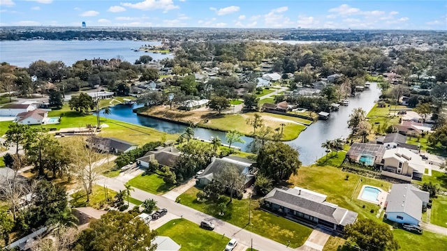 aerial view with a water view and a residential view