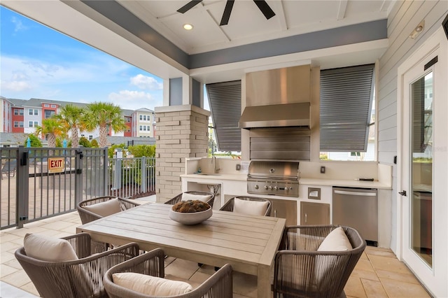 view of patio / terrace with an outdoor kitchen, ceiling fan, a grill, outdoor dining area, and a sink