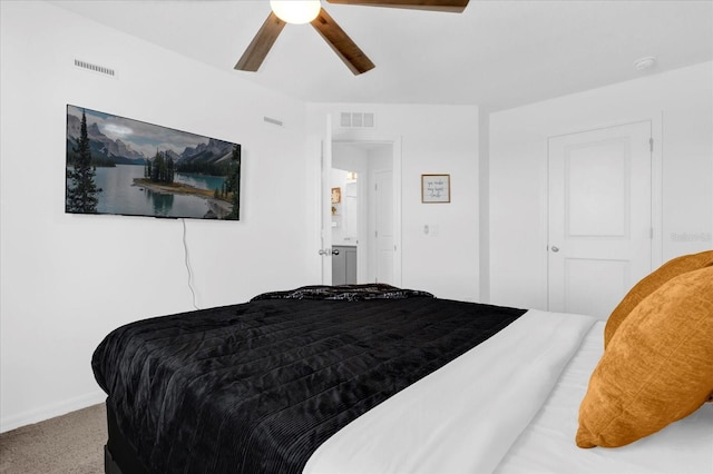 bedroom featuring ceiling fan, carpet, visible vents, and baseboards