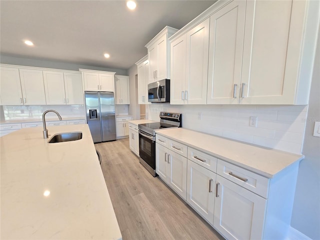 kitchen featuring a sink, white cabinetry, light wood-style floors, appliances with stainless steel finishes, and backsplash