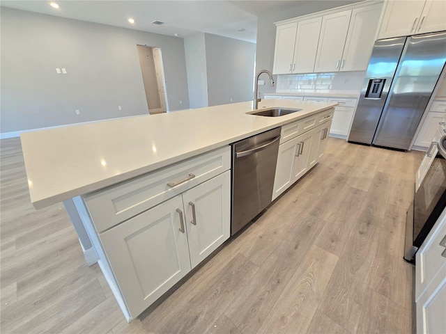 kitchen with a sink, light countertops, appliances with stainless steel finishes, backsplash, and light wood finished floors