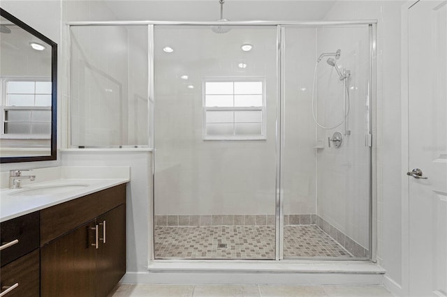 full bathroom featuring a stall shower, plenty of natural light, and vanity