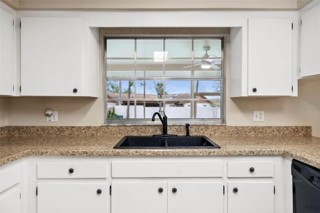 1581 Monica Joy Cir, Longwood, FL 32779 - kitchen with dishwasher, a ceiling fan, light countertops, white cabinetry, and a sink