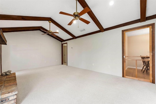 1581 Monica Joy Cir, Longwood, FL 32779 - living area with carpet floors, visible vents, vaulted ceiling with beams, and a ceiling fan