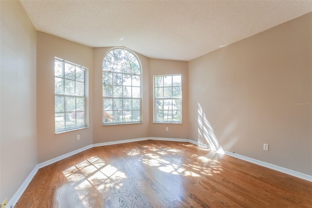 spare room featuring a textured ceiling, baseboards, and wood finished floors