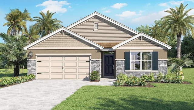 view of front of house featuring a garage, stone siding, driveway, stucco siding, and a front yard