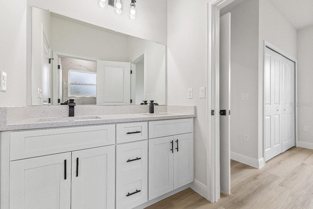 bathroom with a closet, double vanity, a sink, and wood finished floors