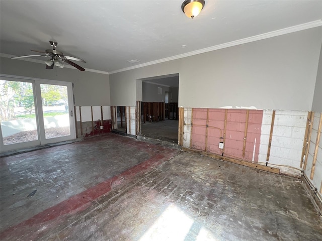 unfurnished living room with crown molding