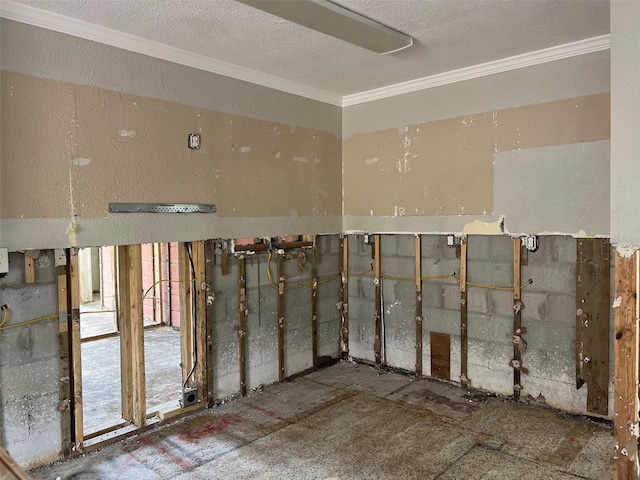 spare room with a textured ceiling and crown molding