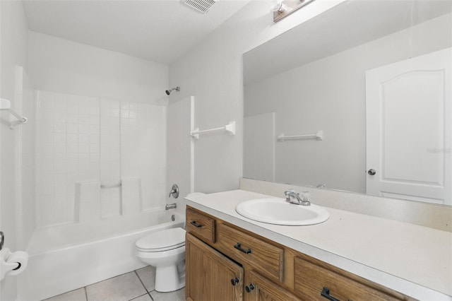 bathroom featuring visible vents, bathing tub / shower combination, toilet, tile patterned floors, and vanity