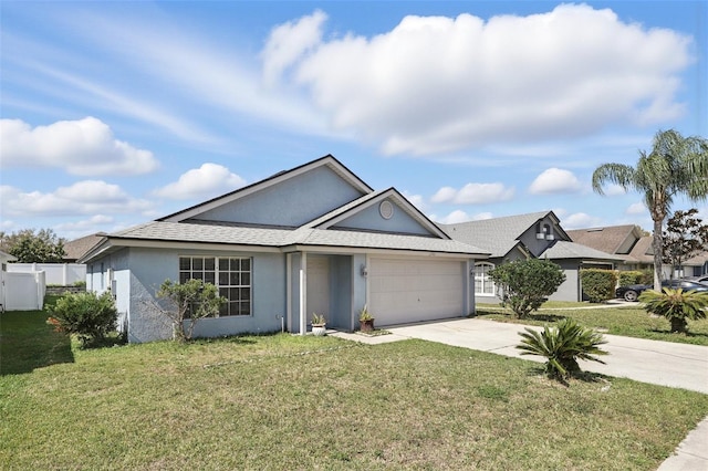 ranch-style home featuring a front lawn, concrete driveway, an attached garage, and stucco siding