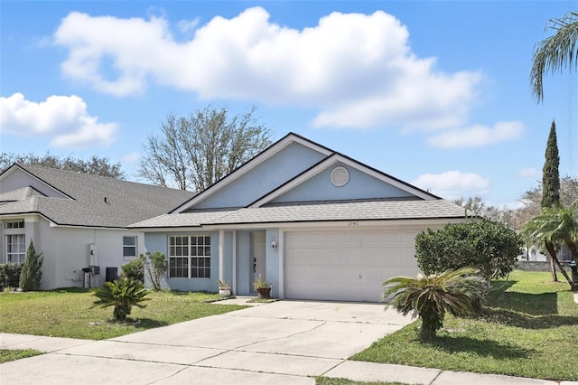 ranch-style house with roof with shingles, stucco siding, an attached garage, driveway, and a front lawn