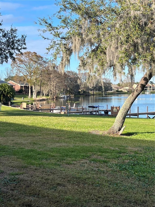 view of property's community with a water view and a lawn