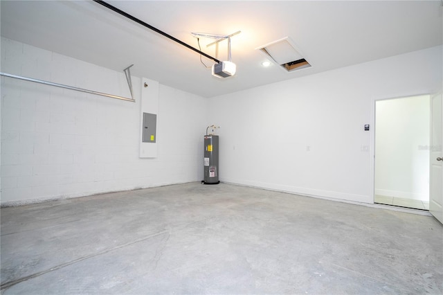 garage with water heater, a garage door opener, and electric panel