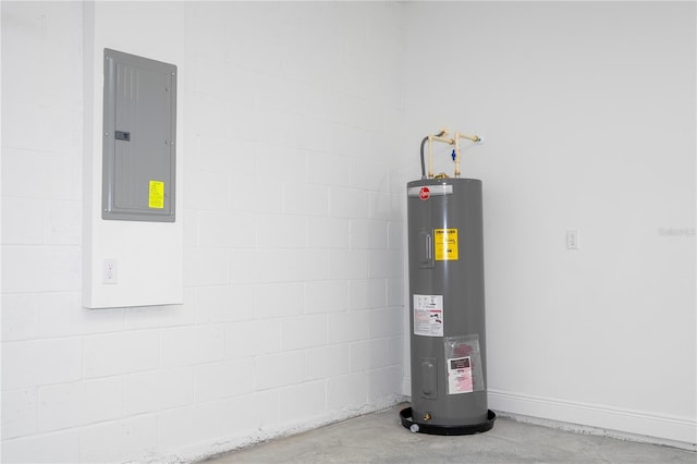 utility room with electric panel and water heater