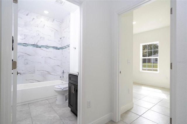 full bathroom with vanity, baseboards, visible vents, tile patterned floors, and toilet