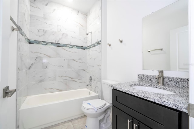 full bathroom with bathing tub / shower combination, toilet, vanity, and tile patterned flooring