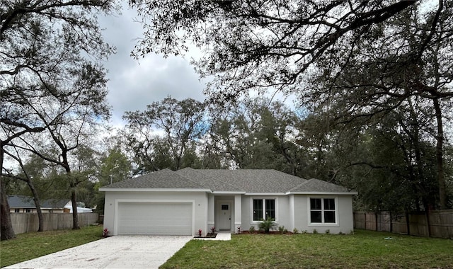 single story home with a garage, fence, driveway, and a front lawn