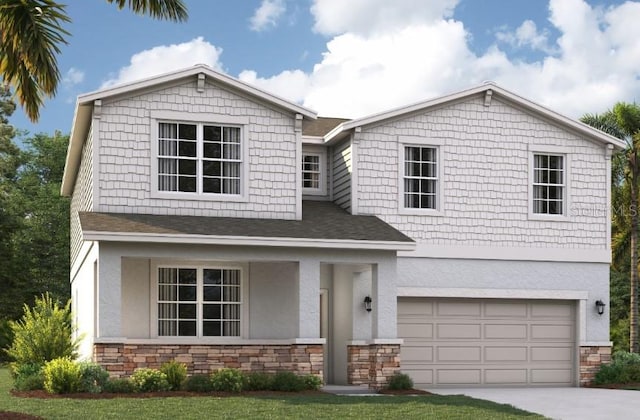 view of front of home with driveway, stone siding, a garage, and stucco siding